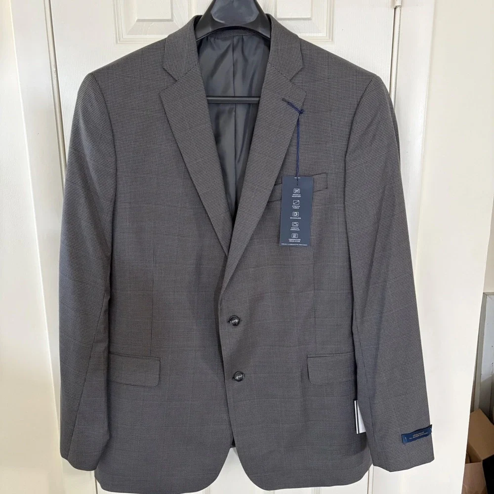 Stafford‎ Men 48L Gray Houndstooth Ecomode CoolMax Wool Suit Coat Jacket Classic